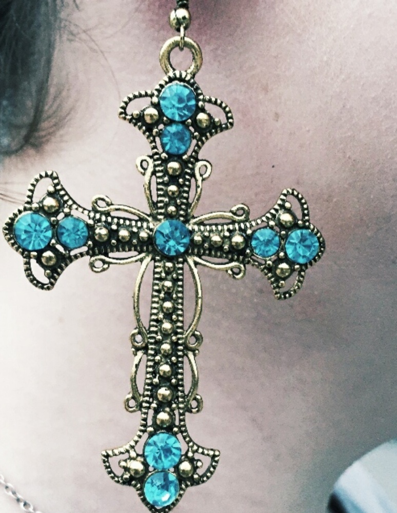 Cross Boho Earrings w/ Blue stone inlay